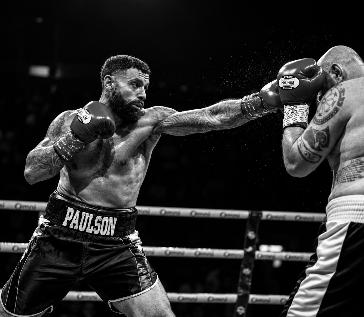 Amateur boxer landing a punch on his opponent in the ring
