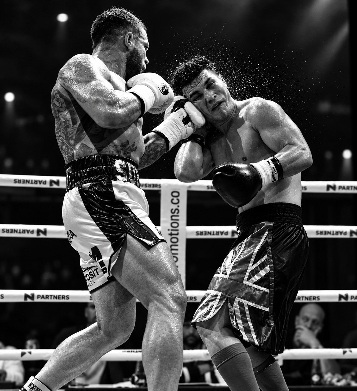 Two boxers trading punches in a Fight Factory boxing match