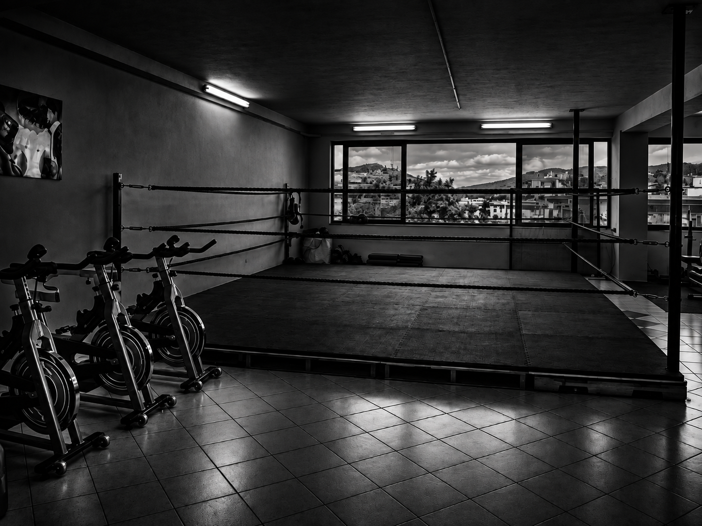 The original Fight Factory premises in Marsa with the ring and spin bikes