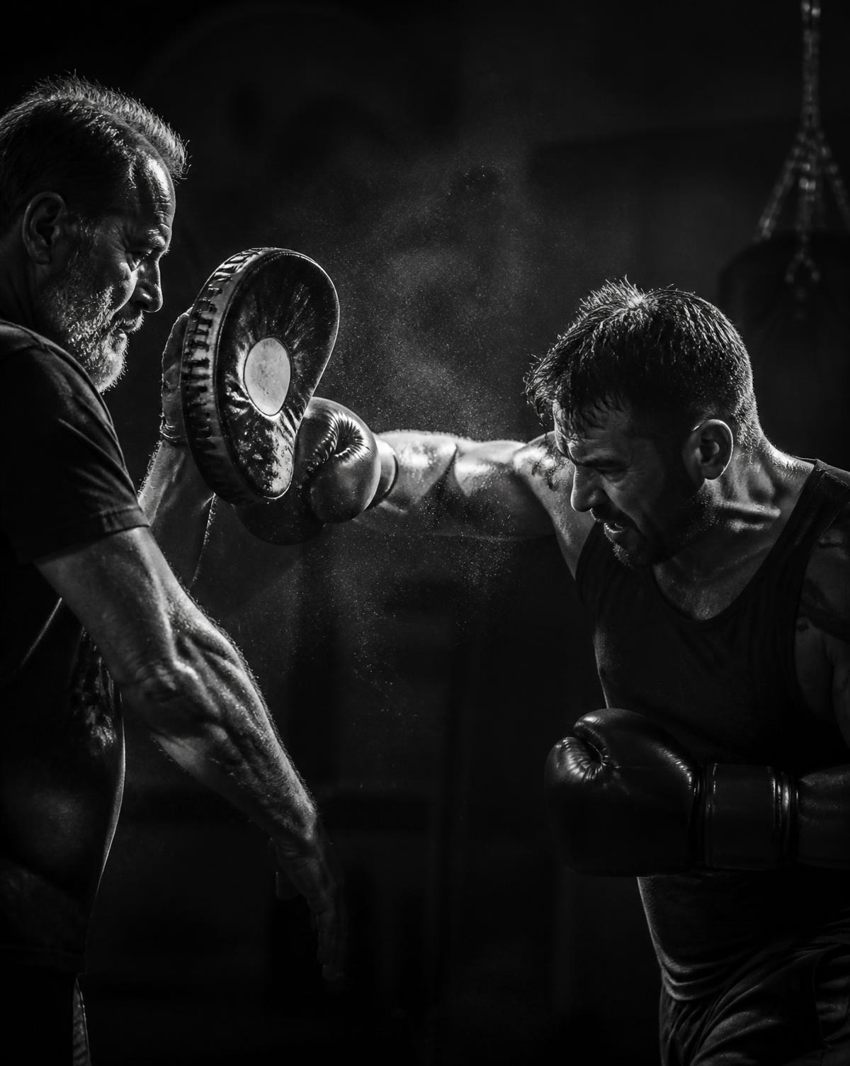 Coach and fighter working the pads