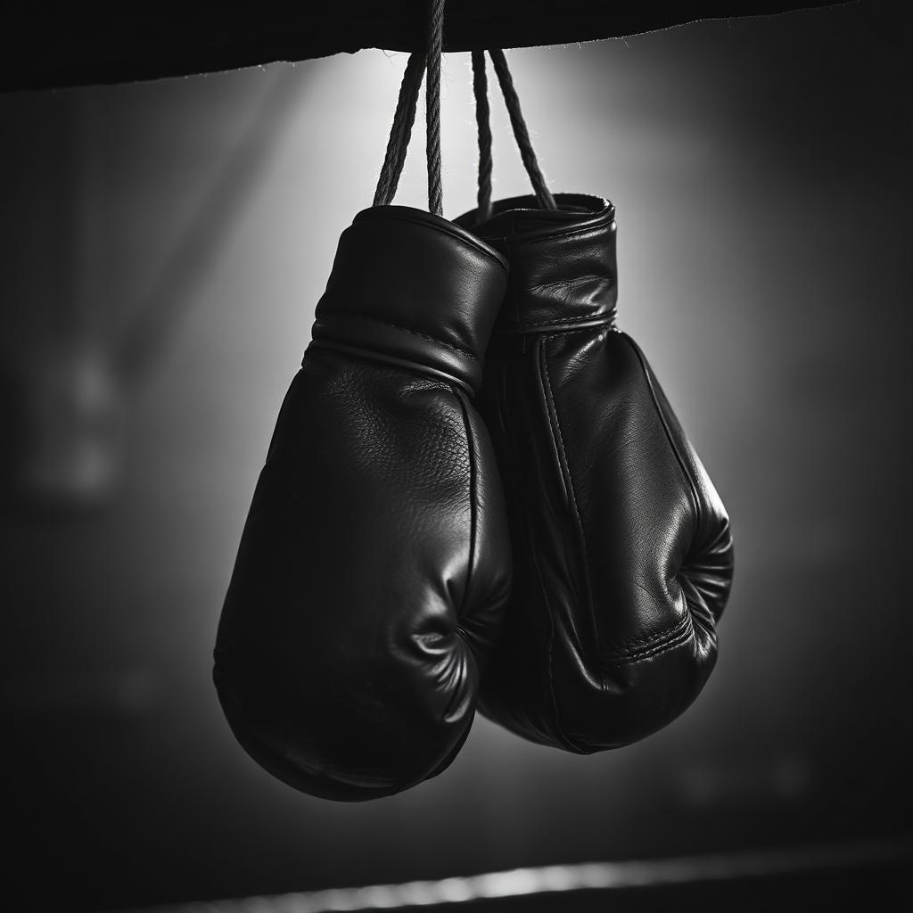 Worn leather boxing gloves hanging on the ring ropes