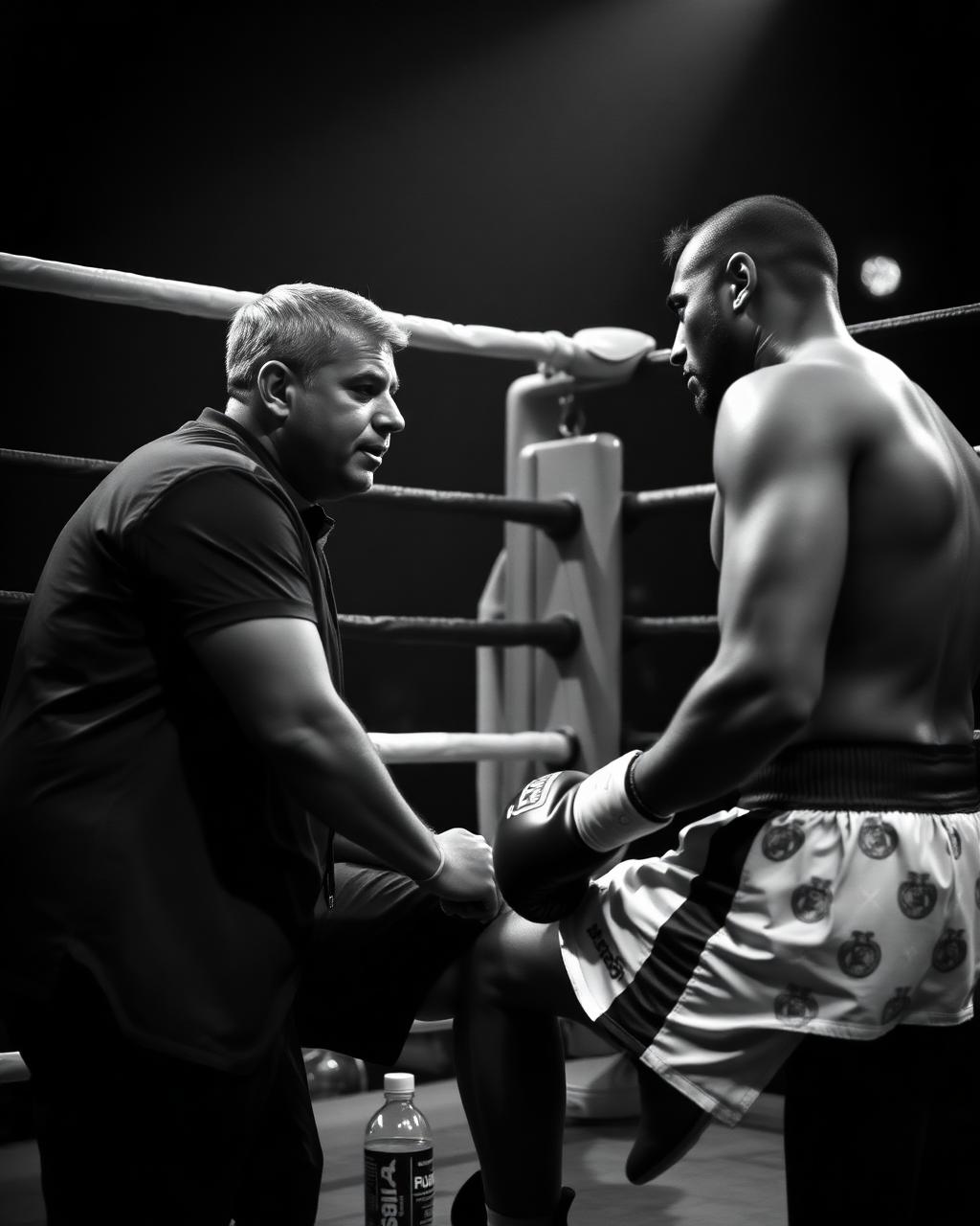 Coach speaking to a fighter in the corner between rounds